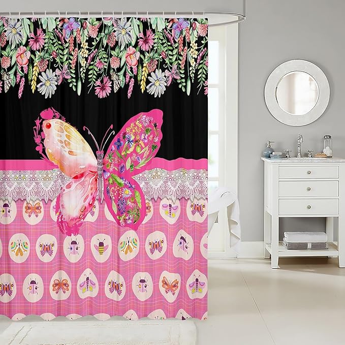 Feelyou Butterfly Shower Curtain 72"x78" Botanical Floral Flower Printed Bathroom Shower Curtain Set for Boys Girls Teens Black Pink Bath Curtain Garden Animal Natural Theme Bathroom Accessories