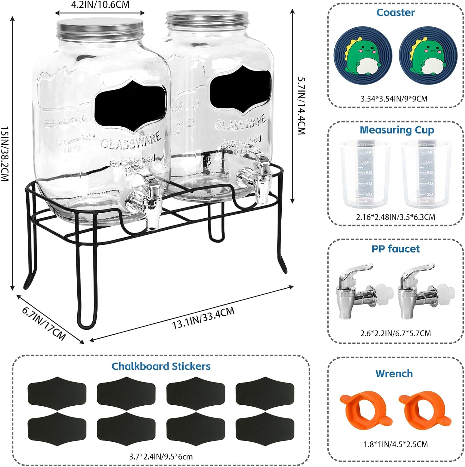 2-Pack 1 Gallon Glass Laundry Detergent Dispenser Set with Bamboo Lids and Stand - Liquid Soap and Fabric Softener Dispensers with Spigots, Cups, Labels and Mats, Laundry Room Organization and Storage