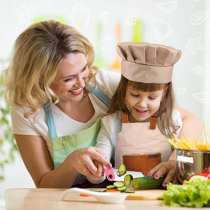 Kids Knife Set for Real Cooking with Educational Ring & Children Apron & Chef Hat- Children Training Knife Set-Pink