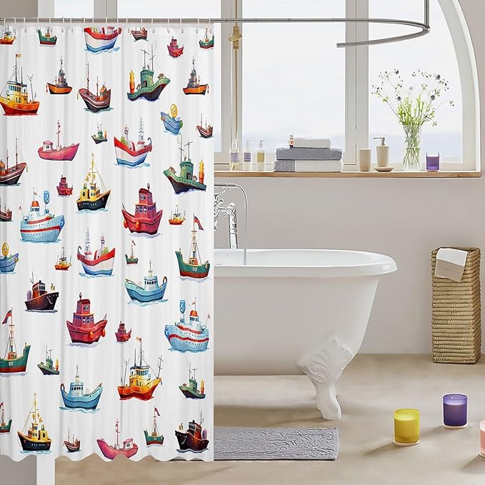 Feelyou Sailboat Shower Curtain 72"x72" Nautical Decor Bathroom Shower Curtain Set for Boys Girls Teens Ocean Marine Themed Bath Curtain Sea Adventure Bathroom Accessories
