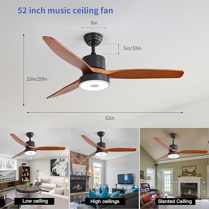 52 Inch Wood Ceiling Fan with RGB Dimming LED Light,with Music Bluetooth Speaker,Remote Control,3-Speed Regulation, Reversible Motor,Timing,for Living Room,Bedroom,Restaurant,Outdoor