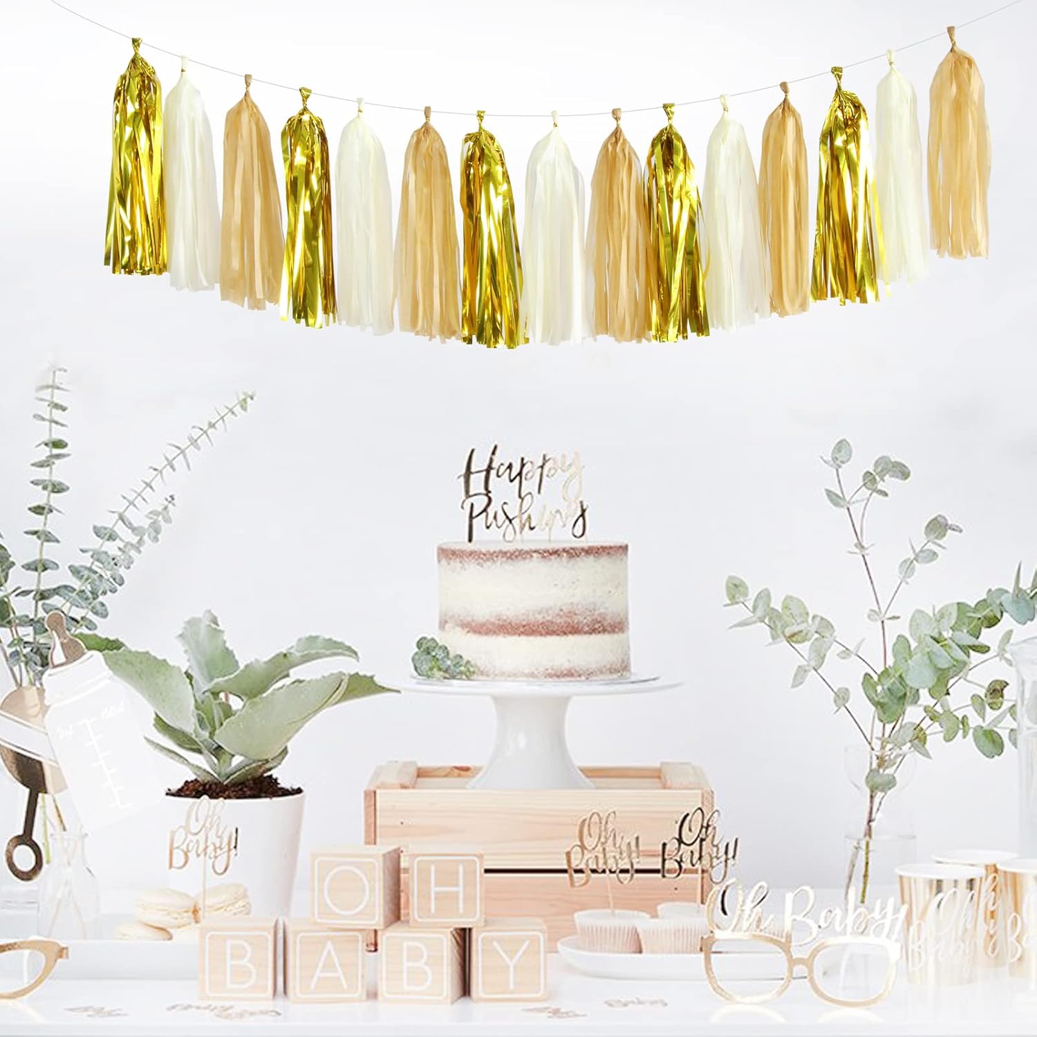White Gold Champagne Party-Decorations Tassel-Garland -15pcs Christmas Wedding Engagement Tassels Banner Streamers Bachelorette Neutral Birthday Baby Bridal Shower Decor Panduola