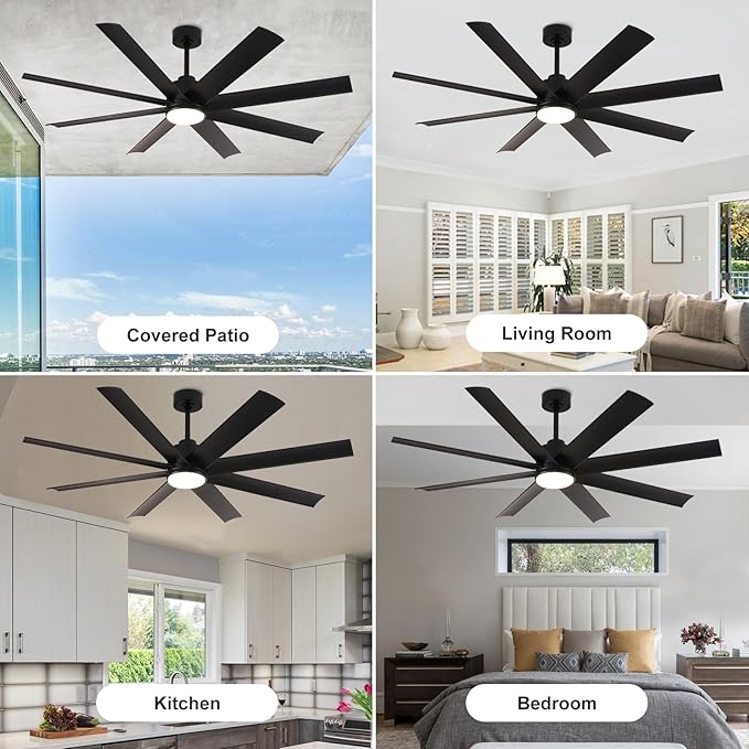 Depuley 60" Indoor or Covered Outdoor Ceiling Fans, Industrial DC Motor Ceiling Fan with LED Light for Living Room Basement Sunroom Porch Patio, 5-Speed Remote App Control, Black