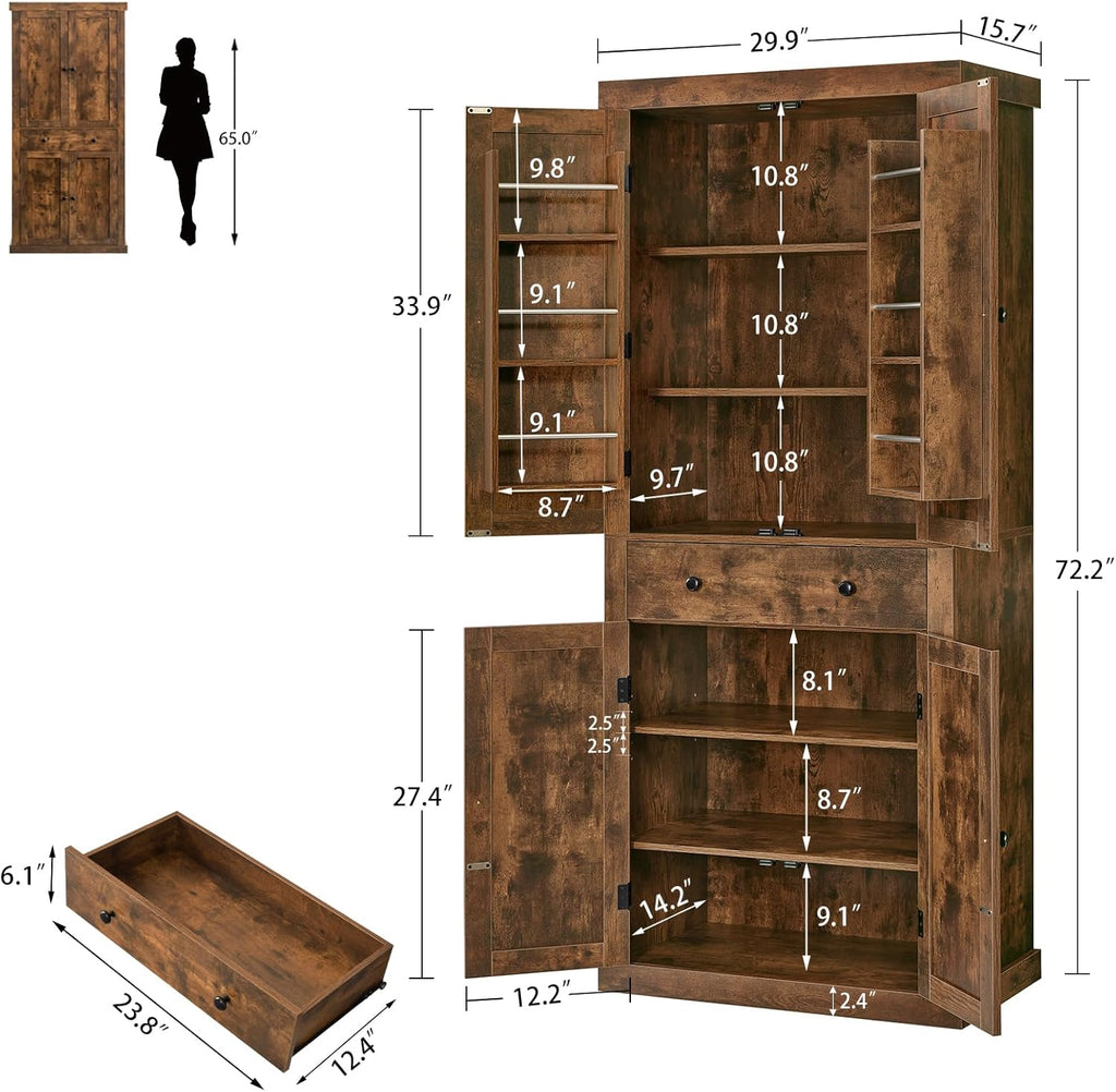 usikey 72” Kitchen Pantry Cabinet, Tall Storage Cabinet with 4 Doors and 1 Drawer, Freestanding Cupboard with 6 Hanging Shelves and Adjustable Shelves for Kitchen, Living Room, Rustic Brown