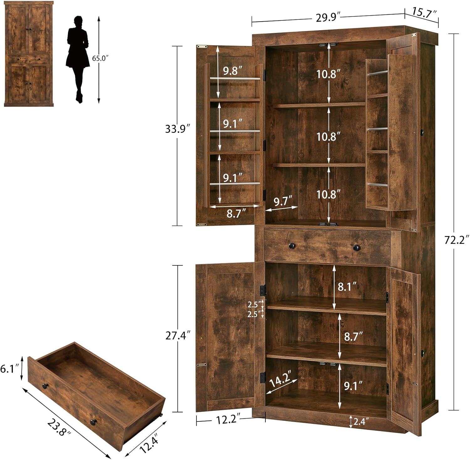 usikey 72” Kitchen Pantry Cabinet, Tall Storage Cabinet with 4 Doors and 1 Drawer, Freestanding Cupboard with 6 Hanging Shelves and Adjustable Shelves for Kitchen, Living Room, Rustic Brown