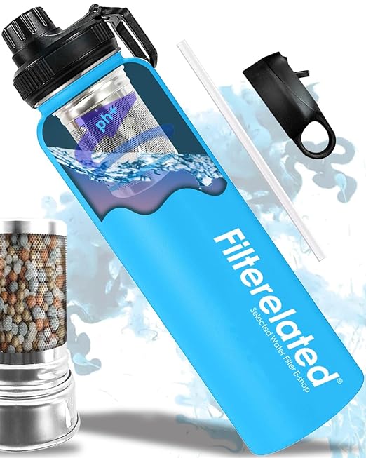 30oz Stainless Steel Portable Alkaline Filter Water Bottle, Creates Up To 9+ Ph Of Quality Water, Sports Travel Water Bottle, Removes Water Impurities
