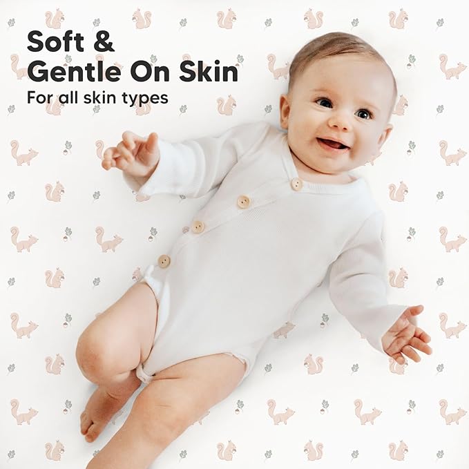 2-Pack Mini Crib Sheets Fitted, Pack and Play Sheets - Organic Cotton Pack N Play Sheets for Pack and Play Mattress, Playard Baby Crib Sheets, Jersey Crib Sheets Neutral for Boys,Girls (Nibbles/Bruce)