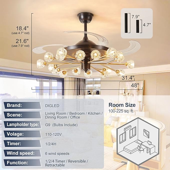 Sputnik Fandelier Ceiling Fan: 48" Gold Chandelier with Fan and Remote for Living Room - 18 Lights Black Fandelier for Bedroom - Retractable Crystal Ceiling Fans with Lights Farmhouse