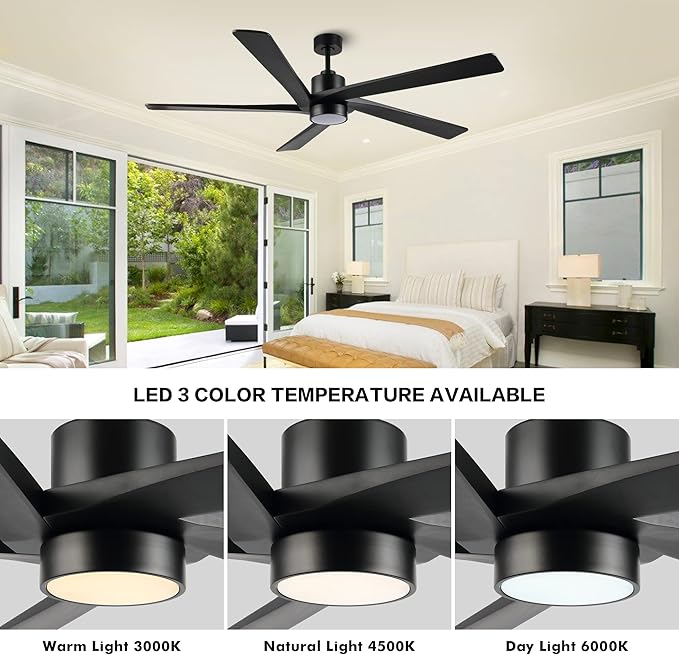 WINGBO 72 Inch DC Ceiling Fan with Lights and 3 Downrods, 5 Reversible Carved Wood Blades, 6-Speed Noiseless DC Motor, Modern Ceiling Fan in Matte Black Finish, ETL Listed