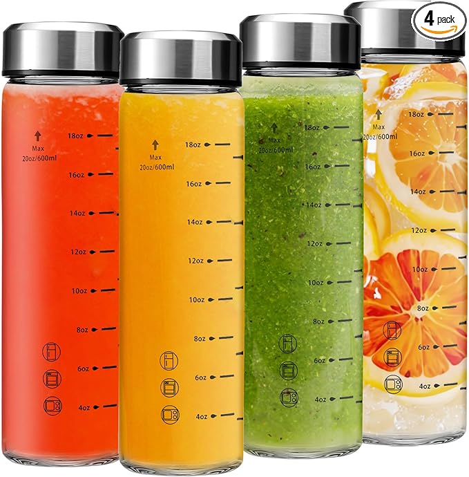 20oz Juice Bottles - 4 Pack Wide Mouth Glass Bottles with Lids- BPA Free, Stainless Steel Lids for Juicing, Smoothies, Infused Water, Beverage Storage - Leakproof, Borosilicate, Clear
