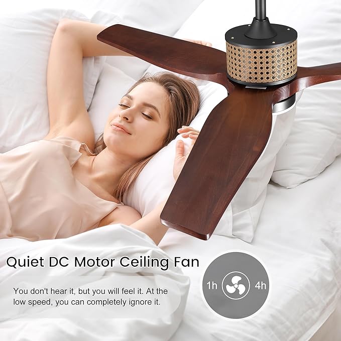 52" Ceiling Fan with Light and Remote, 3 Solid Wood Blades, Noiseless Reversible DC Motor Ceiling Fan with 4.5"/12" Downrods for Bedroom/Living Room/Porch (Black/Walnut)