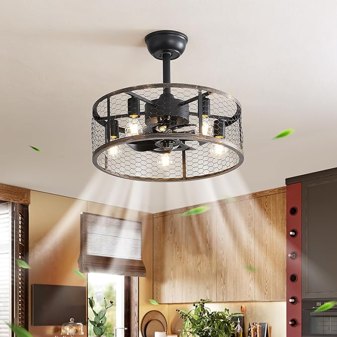 20" Caged Ceiling Fans with Lights and Remote & APP Control,E26 2700K Warm Lighting,6 Wind Speeds with Reverse Mode.Retro Chandeliers for Dining Room with Fan (Black)