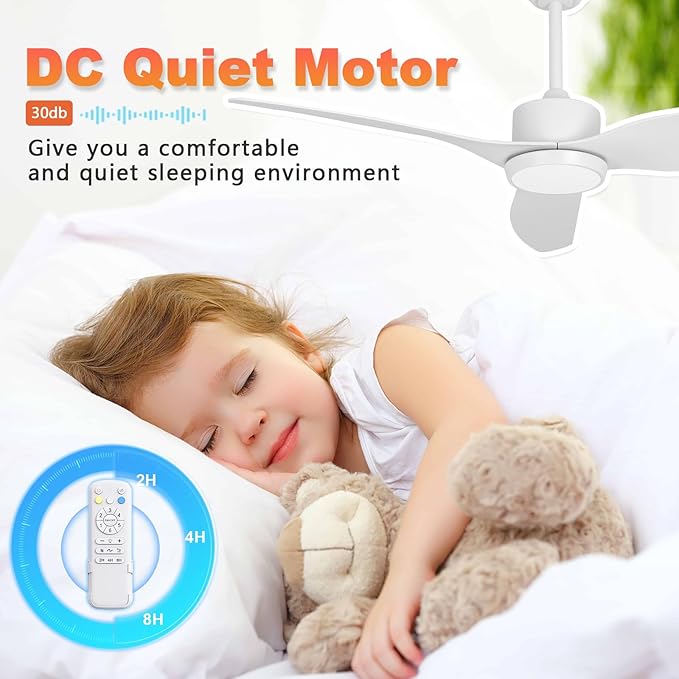 White Ceiling Fan with Light Remote 52in Timing 6Speeds Silent DC Motor 3CCT LED Light with Memory Lighting Function Indoor Outdoor Fan Farmhouse Bedroom Living Room use