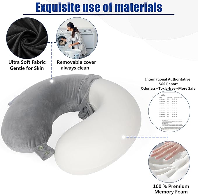 SAIREIDER Travel Pillows for Sleeping Airplane 100% Pure Memory Foam Neck Pillow for Airplanes Washable Cover with Storage Bag (Grey)