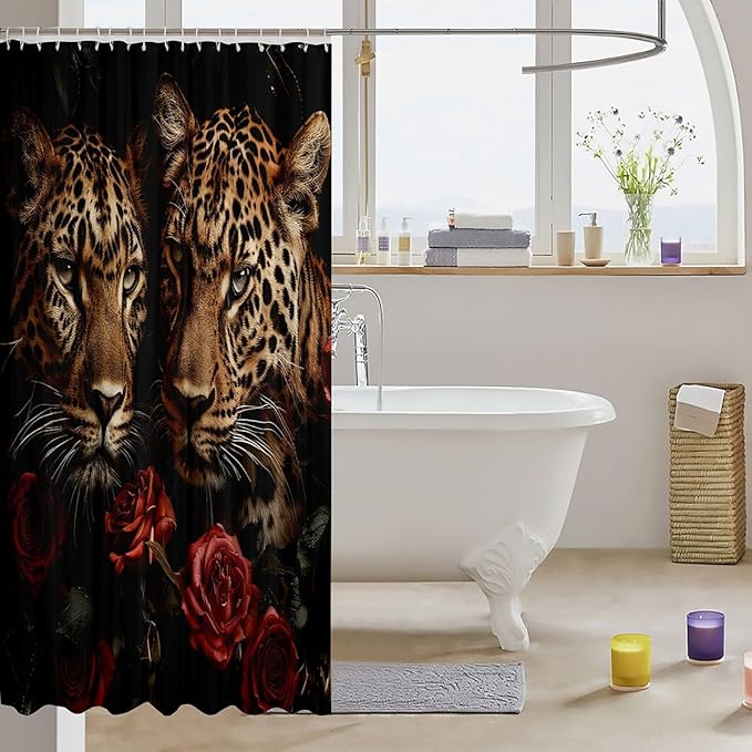 Feelyou Leopard Shower Curtain Rose Leopard Bathroom Shower Curtain Set Wild Animal Bath Curtain for Kids Boys Girls Boys Leopard Kids Bathroom Accessories Frighting Leopard 72"x72"