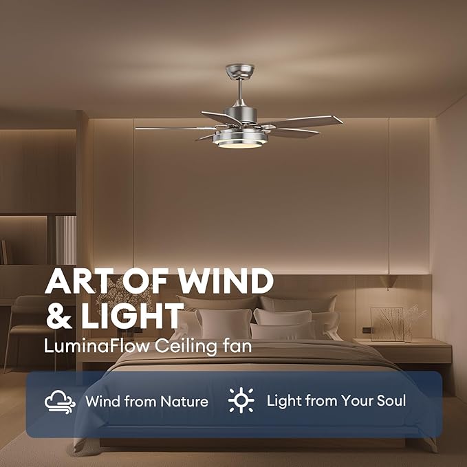 42 Inch Ceiling Fans with Lights and Remote/APP Control, Modern Nickel Ceiling Fan with Quiet Reversible DC Motor, 3 CCT Dimmable LED for Bedroom, Living Room, Patio, Indoor and Outdoor