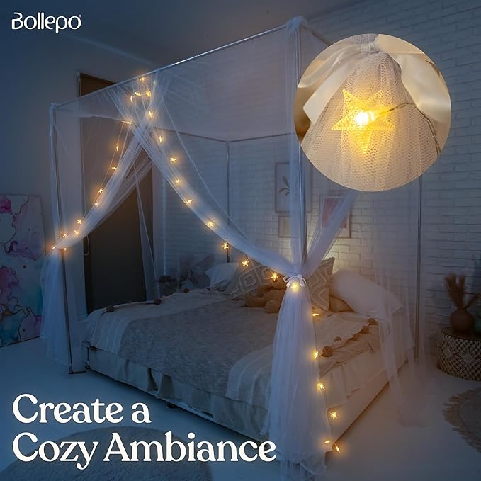 Canopy Bed Curtains with Lights, White Bed Canopy For Girls & Adults | Fits Full, Double, Queen, King | Bed Curtains From Ceiling Or Bed Frame, Bed Curtains, Bed Canopies & Drapes, Princess Bed