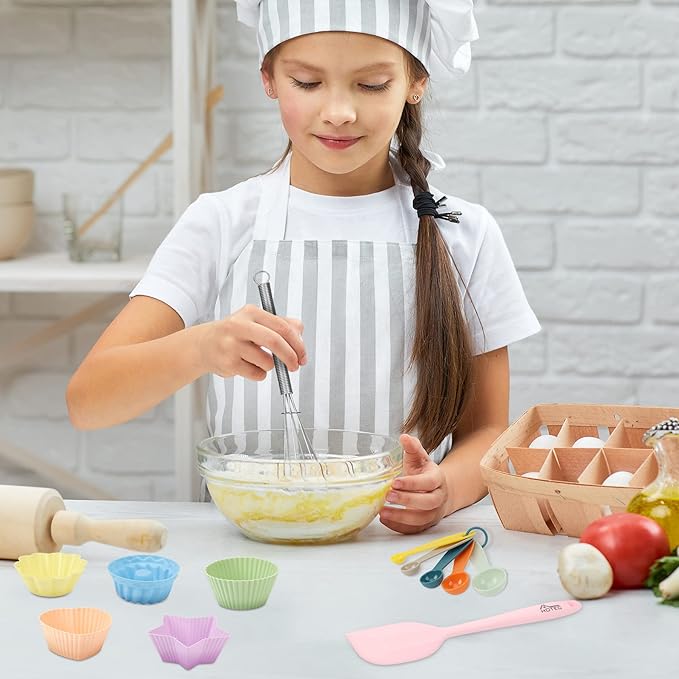 HOTEC Kids Baking Cooking Supplies Set Nylon Children's Kitchen knives BPA Free Cuttting Board Silicone Spoon Spatula Cupcake mold