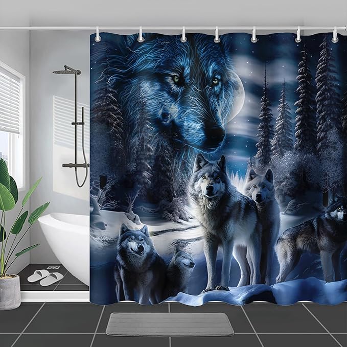 AILONEN Boys Snow Wolf Shower Curtain for Bathroom Decor,3D Night Galaxy Starry Wolf Decor Bath Curtain 72" W*84" H Polyester Fabric Waterproof Bathroom Curtain with 12 Hooks