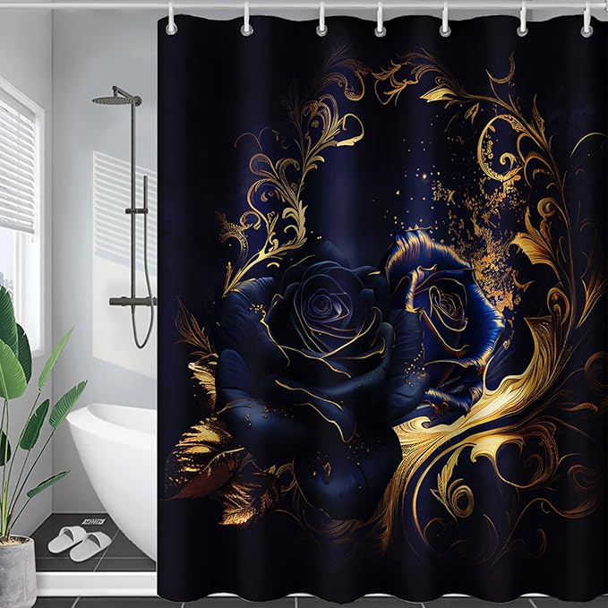 AILONEN Blue Rose Shower Curtain 72"W*84"H for Bathroom,Mystic Blue Gold Flower Glitter Rose Print Bath Curtain,Girls Women Teen Adults Bath Curtain Polyester Waterproof Shower Curtain With 12 Hooks