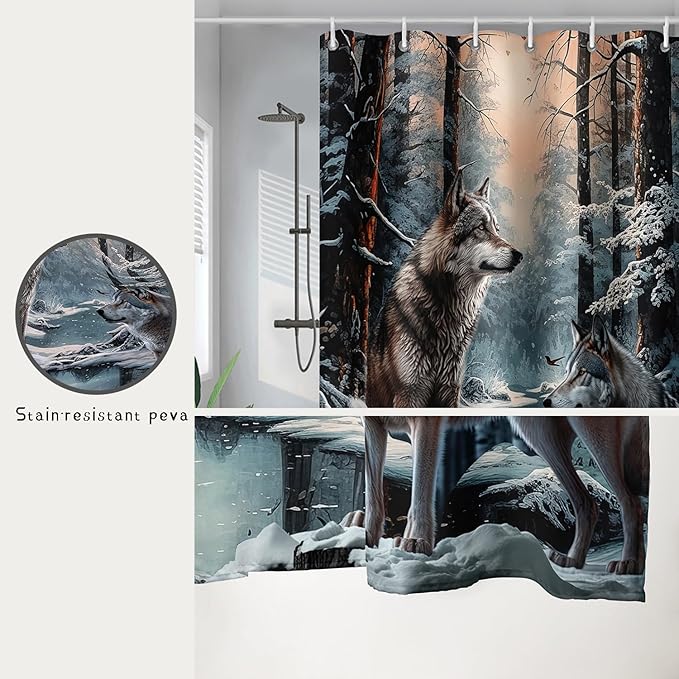 AILONEN Snow Wolf Shower Curtain 60" W*72" H for Boys,Winter Wild Animal Wolf Bathroom Decor,Safari Animal Wolf Printed Bath Curtain Waterproof Bath Curtain with Grommets and 12 Hooks