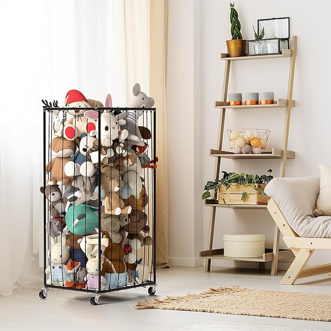 210L Stuffed Animal Organizer Plush Toy Storage Organizer Toy Storage Basket, Kids Toy Storage Bins with Wheels, Metal Frame and Elastic Cord Design, Suitable for Storage of Any Stuff
