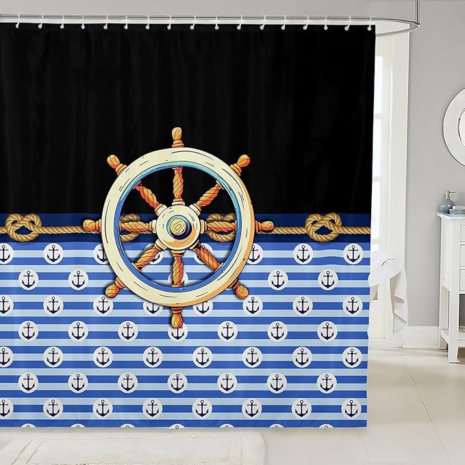 Feelyou Anchor Decor Shower Curtain 72"x84" Kids Nautical Bathroom Shower Curtain Set for Boys Girls Teens Black Blue Bath Curtain Marine Theme Compass Print Bathroom Accessories