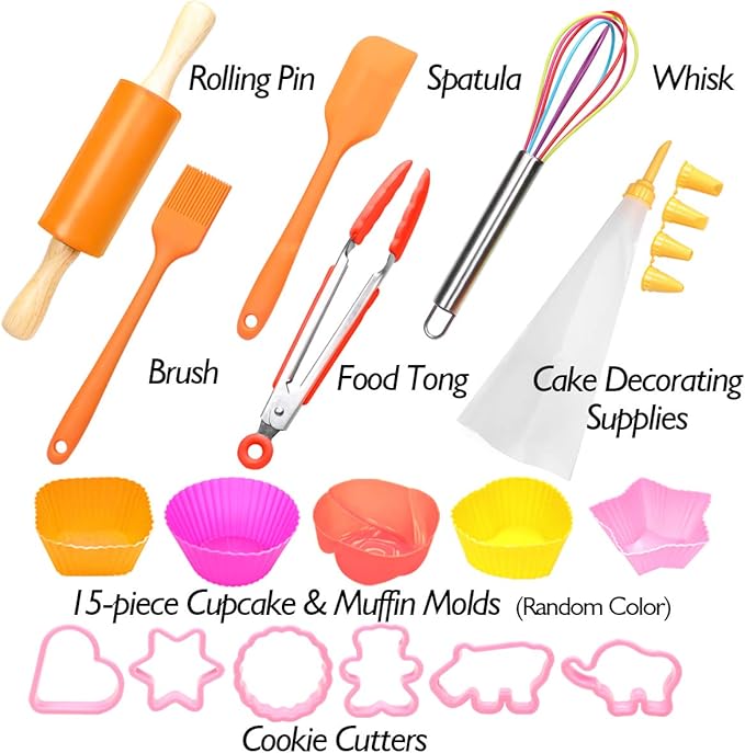 Kids Cooking and Baking Set 40 Pcs with Gift Box, Real Kitchen Utensils Kit for Children Toddlers Teens, Gift for Girls&Boys, Nonstick Rolling Pin Silicone Pastry Mat Cupcake Molds