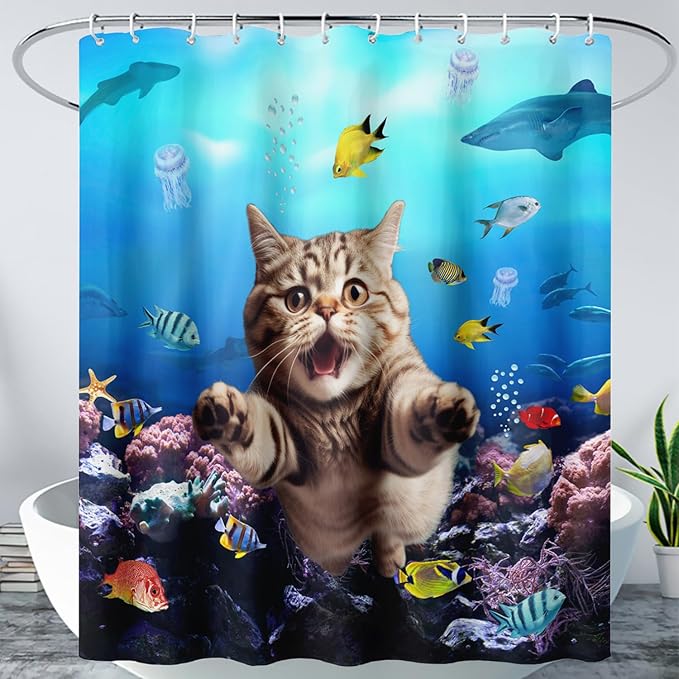 AILONEN 3D Swimming Cat Shower Curtain Set,Coral Bath Curtain for Kids Girls Boys,Sea Animals Ocean Theme Shower Curtain,Cat Lovers Animal Shower Curtains for Bathroom Decor, 48" W*72" H