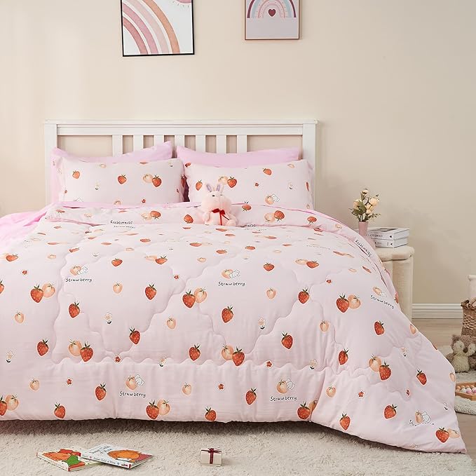 Wajade Girls Strawberry Comforter Set Bed in A Bag Twin Size 7 Piece Pink 3D Cute Strawberry Fruit Bedding Set for Kids (1 Comforter, 1 Flat Sheet, 1 Fitted Sheet, 2 Pillowcase and 2 Pillow Sham)