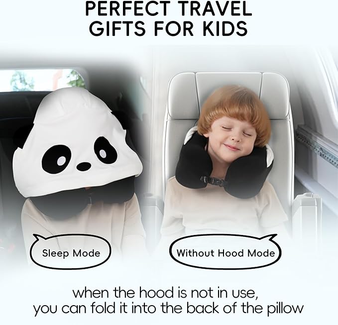 Hooded Neck Pillow for Kids and Adults, 100% Pure Memory Foam Upgraded Travel Pillow with Hood, Kids Neck Pillow for Airplane, Outdoor, Office, Soft, Washable, Easy Storage, Panda