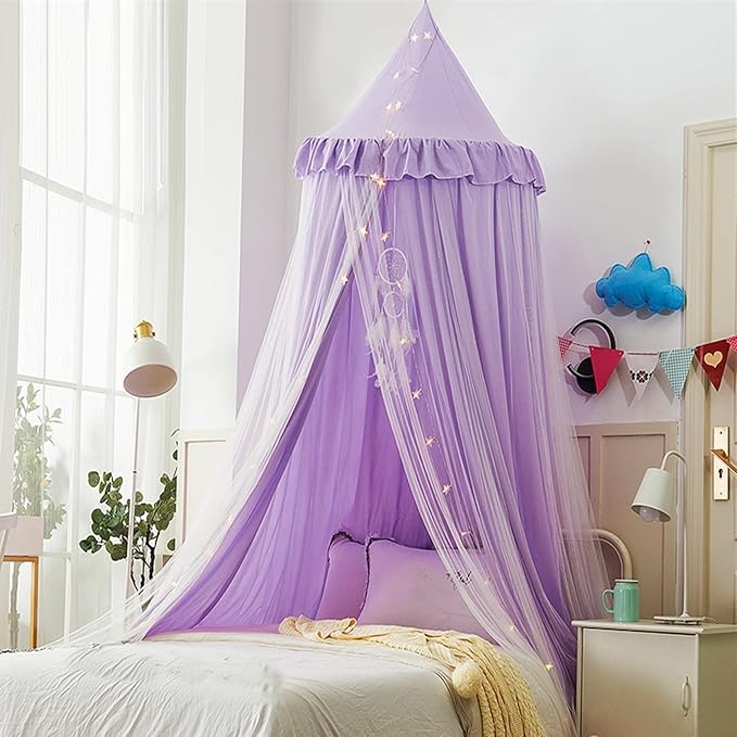 VETHIN Bed Canopy for Kids with Lights,Double Layer Princess Round Dome Children Dreamy Mosquito Net Bedding Girls Room Castle Play Tent Hanging House Decor Reading Nook Canopies(Purple/White)
