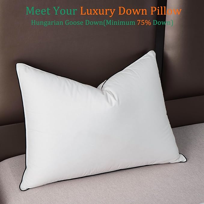 Luxury White Goose Down Pillows Standard Size - 750 Fill Power - 500 Thread Count 100% Cotton Shell - Soft and Support Down Bed Pillow for Back, Side, Stomach Sleepers -Pack of 1 (20 x 26”)
