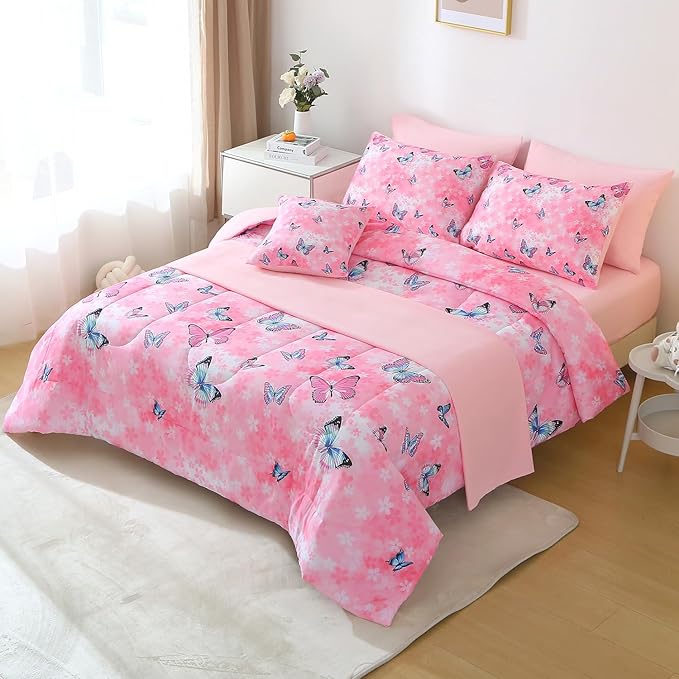 JQinHome 8 Piece Butterfly Comforter Set Full, 3D Pink Flower Printed Butterfly Bedding Set,All Season Microfiber Butterfly Theme Home Decor Bedding for Girls with Sheet Sets(Pink)