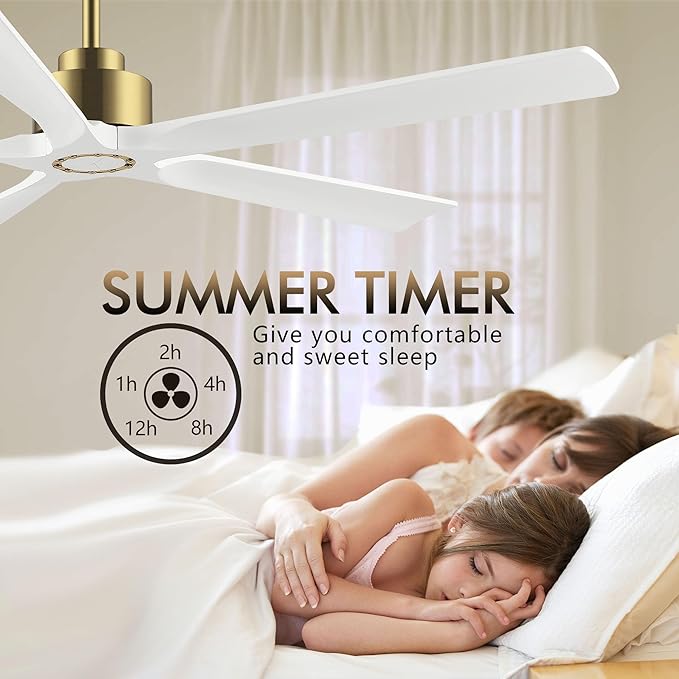 60 Inch Modern Ceiling Fan without Light, 5 Solid Wood Blades 6-Speed Noiseless Reversible DC Motor, Ceiling Fan with Remote Control for Bedroom Living Room, White Gold Finish