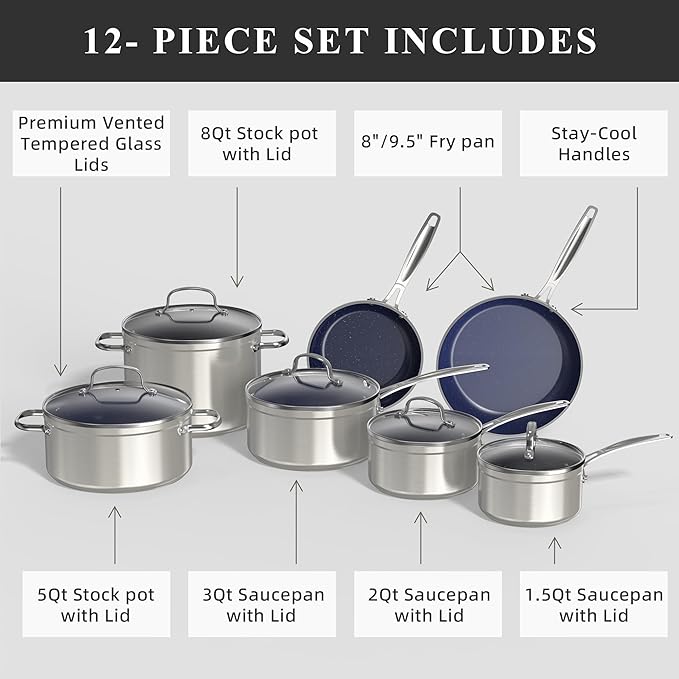 Nuwave Healthy Duralon Blue Ceramic Nonstick Cookware Set, Diamond Infused Scratch-Resistant, PFAS Free, Dishwasher & Oven Safe, Induction Ready & Evenly Heats, Tempered Glass Lids & Stay-Cool Handles