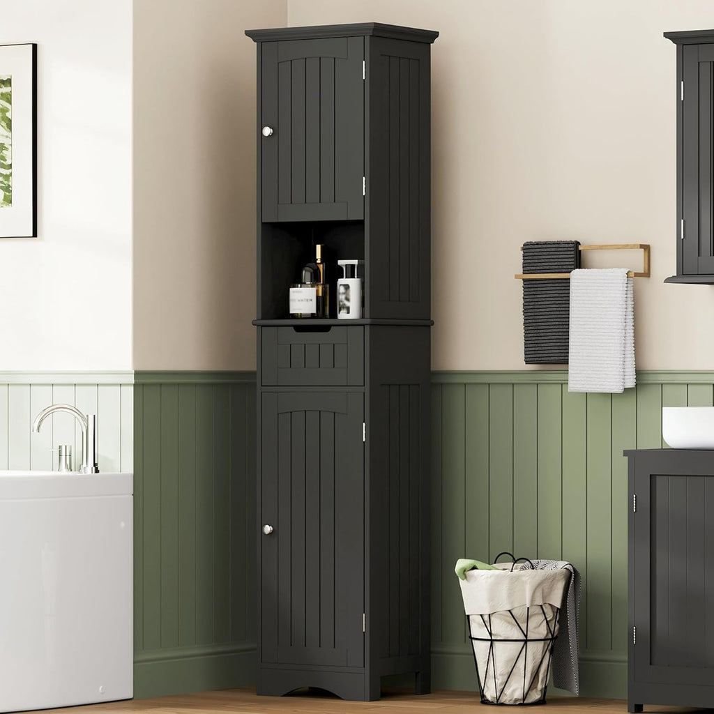 ChooChoo 67" Tall Bathroom Storage Cabinet Freestanding with Adjustable Shelves, Narrow Storage Linen Cabinet with 2 Doors and 1 Drawers for Bathroom, Living Room, Kitchen, Black