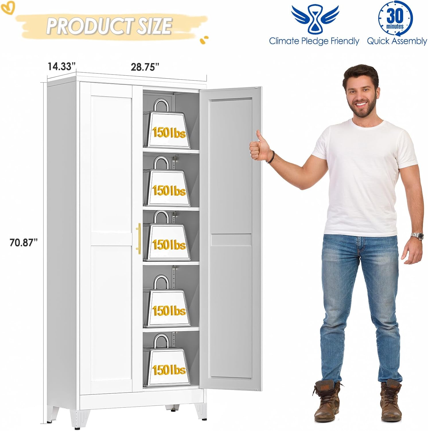 71" Tall Metal Storage Cabinet with 2 Doors and 4 Adjustable Shelves, Kitchen Pantry Cabinet White Freestanding Cupboard, 5 Tier Multifunctional Steel Storage for Office, Kitchen, Dining Room
