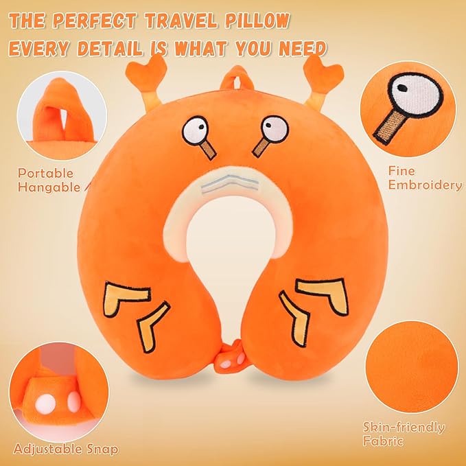 Travel Pillow, Kids Travel Pillow with Sleep Eye Mask, Soft Memory Foam Kids Neck Pillow for Boys & Girls, Travel Accessories for Car Airplane Traveling - Funny Crab