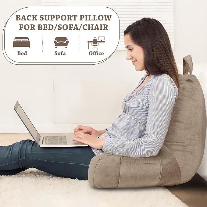 LOVTEX Reading Pillow with Removable Cover, Back Pillow for Sitting Up in Bed with Arms and Pockets, Bed Rest Pillow Adult, 20 x 15 Inches(Brown)