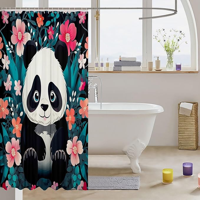 Feelyou Panda Fabric Shower Curtain Cute Panda Shower Curtain for Boys Girls Cartoon Bathroom Waterproof Accessories with 12 Hooks Flower Pattern Curtains,72x72 Inches
