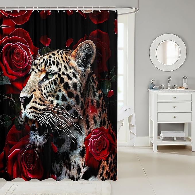 Feelyou Rose Leopard Bath Curtain Leopard Shower Curtain Boys Leopard Bathroom Shower Curtain Set Kids Toddler Frighting Leopard Kids Bathroom Accessories Wild Animal 72"x84"