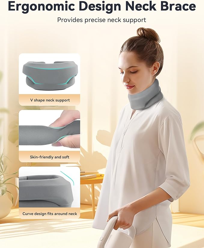Heated Neck Brace Cervical Collar - Neck Support Brace with Heating Pad, Soft Foam Wraps Keep Vertebrae Stable and Aligned for Relief of Cervical Spine Pressure for Women & Men (L Size) Grey