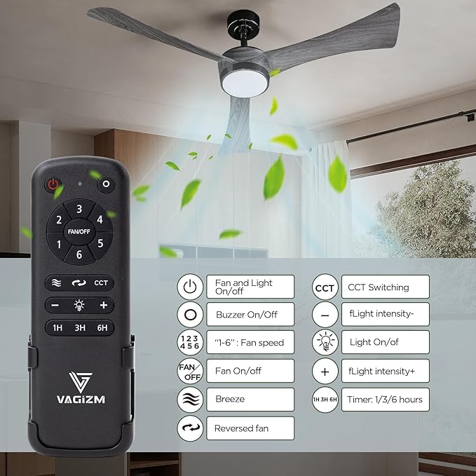 Ceiling Fan 52'' With Light: Modern Remote Control Fans with Water Transfer Printing 3 Blades - Quiet Reversible DC Motor - Outdoor Indoor
