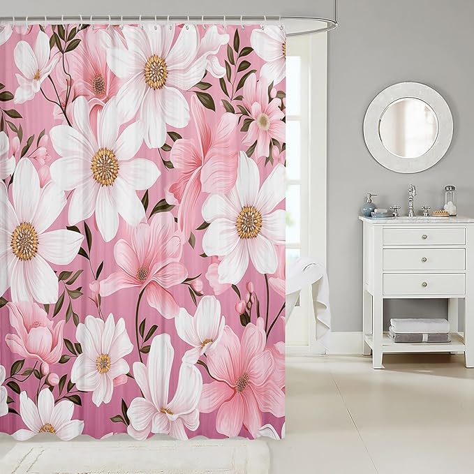 Feelyou Flower Fabric Shower Curtain for Kids Boys Girls Pink Floral Bathroom Waterproof Accessories with 12 Hooks Flower Botanical Shower Curtain Nature Plants Curtains,72x84 Inches