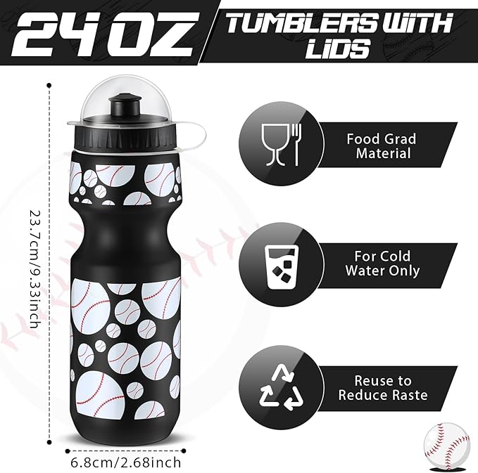 24 Pcs 24 oz Baseball Water Bottle Bulk and Drawstring Bag Set 12 Reusable Plastic Biking Water Bottle Tumbler 12 Sport Gym Goodie Gift Bag for Party Favor (Black)