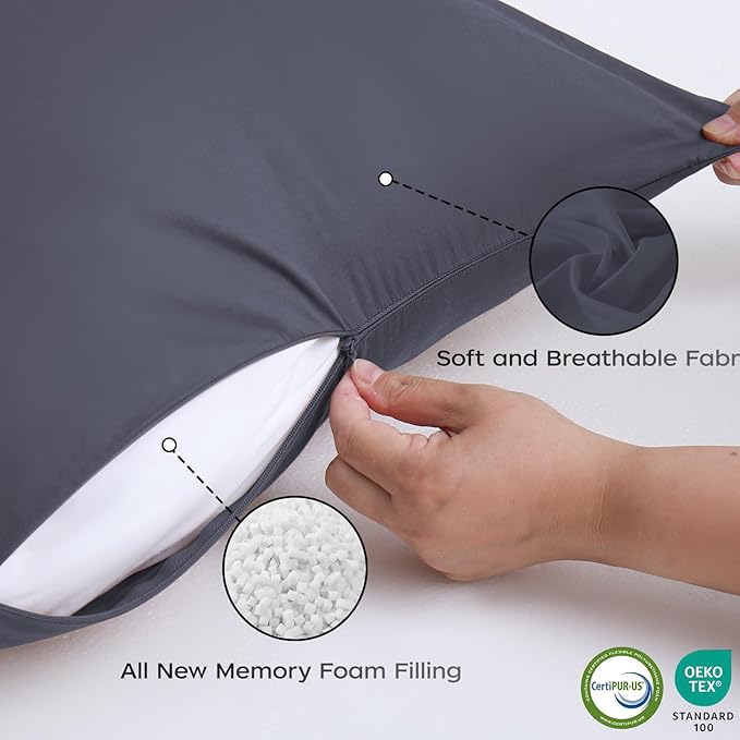 Memory Foam Body Pillow with Grey Removable 100% Cotton Cover, Full Body Pillows for Adults, Large Long Bed Pillow for Sleeping, Firm & Supportive (20x54 inch, Dark Gray)
