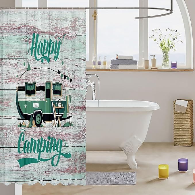 Feelyou Camper Shower Curtain Camping Bathroom Shower Curtain Set Happy Camping Bath Curtain for Kids Boys Girls Cartoon Camping Kids Bathroom Accessories 72"x72"