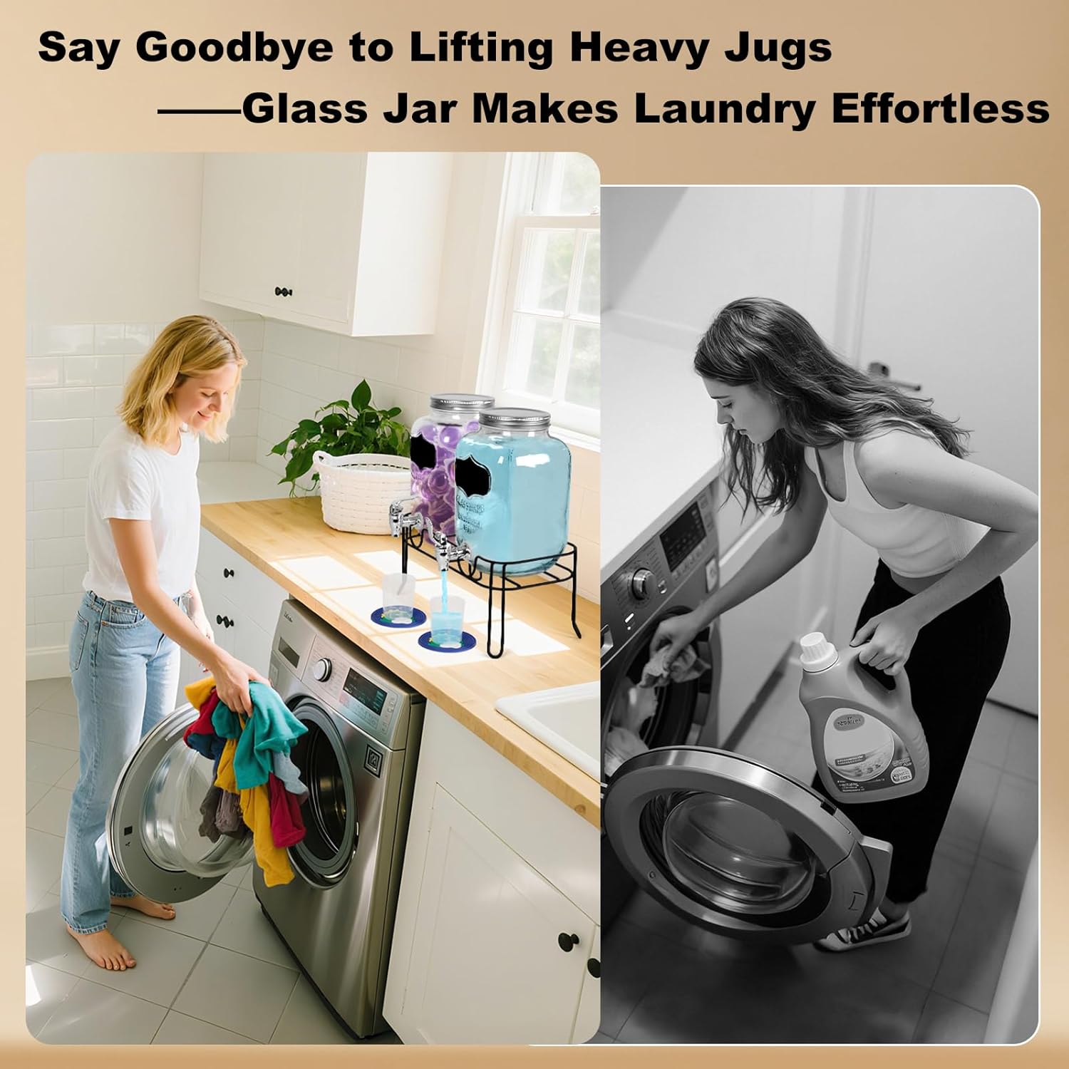 2-Pack 1 Gallon Glass Laundry Detergent Dispenser Set with Bamboo Lids and Stand - Liquid Soap and Fabric Softener Dispensers with Spigots, Cups, Labels and Mats, Laundry Room Organization and Storage