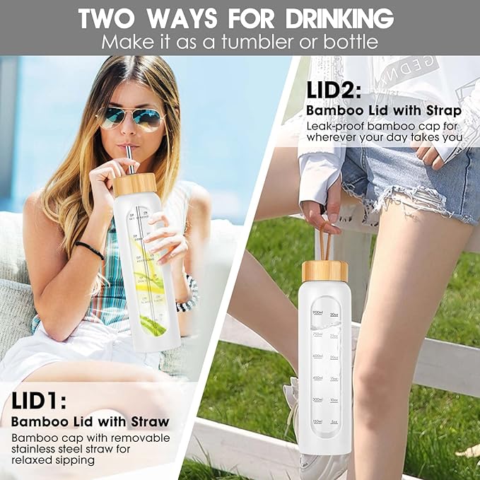 32 oz Glass Water Bottles with Straw - Motivational Glass Water Bottle with Time Marker & Silicone Sleeve - Reusable Glass Tumbler Includes 2 Bamboo Lids & Fruit Infuser - 1 Pack